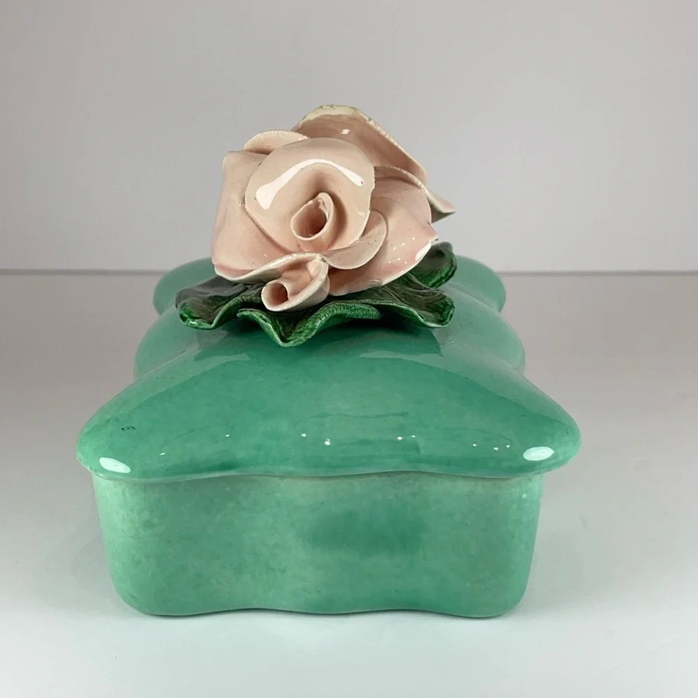 Vintage turquoise porcelain pink roses trinket jewelry box